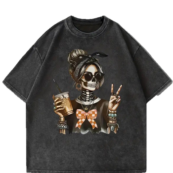 Csontvázmintás, laza, rövid ujjú póló, rock, amerikai, sötét, retró, mosott mintával