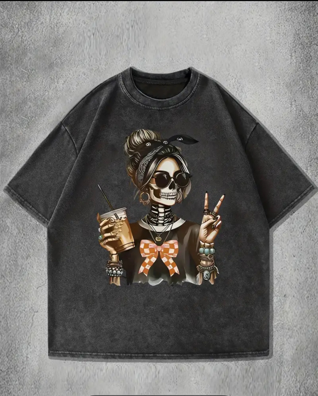 Csontvázmintás, laza, rövid ujjú póló, rock, amerikai, sötét, retró, mosott mintával