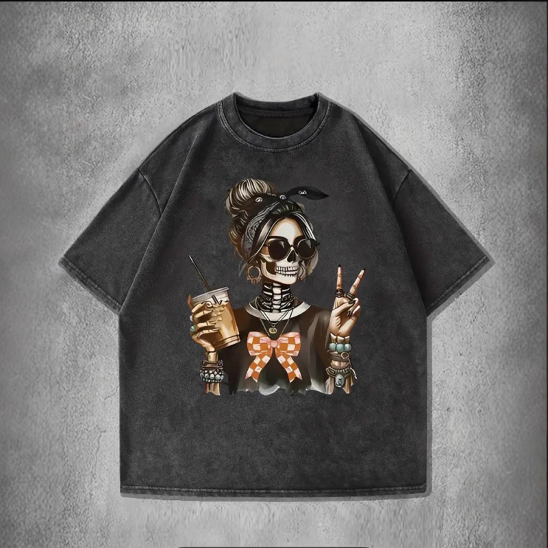 Csontvázmintás, laza, rövid ujjú póló, rock, amerikai, sötét, retró, mosott mintával