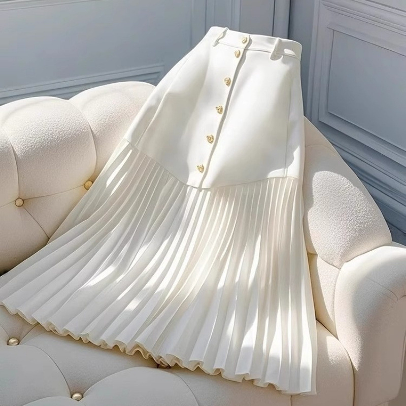 Az idei év egyedi és gyönyörű, körte alakú, magas derekú, csípőt takaró, karcsúsító, fehér varrású, rakott A-vonalú női szoknyája.