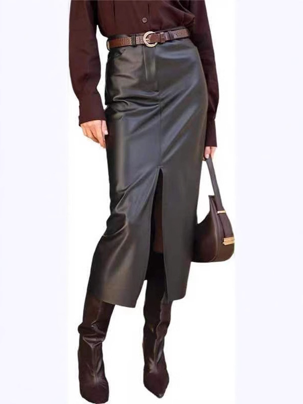 Őszi és téli új európai és amerikai, határokon átnyúló szexi hasított fekete bőr szoknya, ingázó bőr, magas derekú, egyenes szoknya, középhosszú