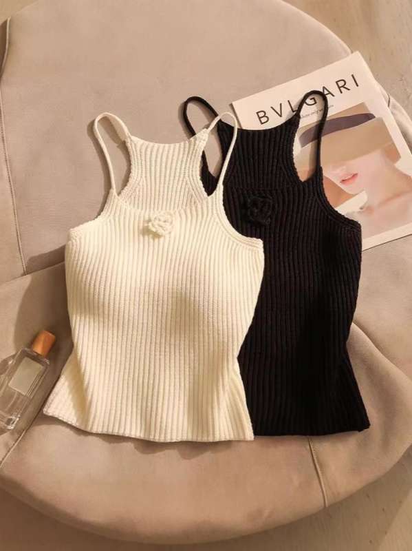 Francia fekete karcsúsított kötött felső női tavaszi és őszi háromdimenziós virágmintás ing ujjatlan trikó