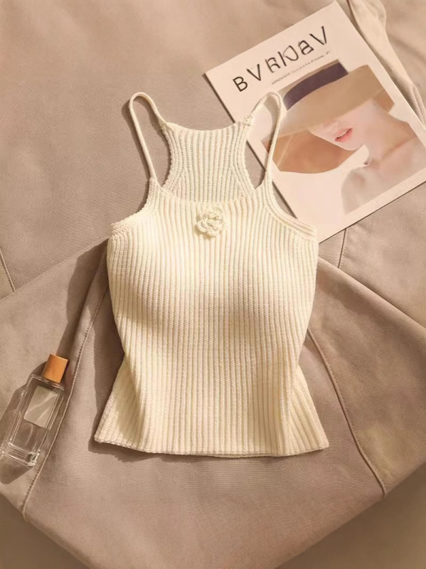 Francia fekete karcsúsított kötött felső női tavaszi és őszi háromdimenziós virágmintás ing ujjatlan trikó