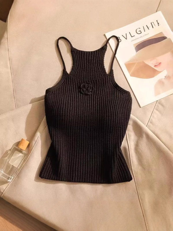 Francia fekete karcsúsított kötött felső női tavaszi és őszi háromdimenziós virágmintás ing ujjatlan trikó