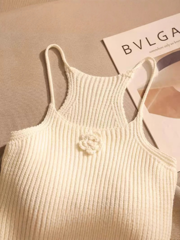 Francia fekete karcsúsított kötött felső női tavaszi és őszi háromdimenziós virágmintás ing ujjatlan trikó