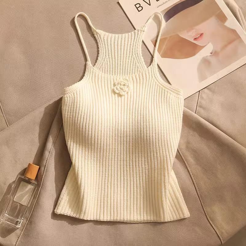 Francia fekete karcsúsított kötött felső női tavaszi és őszi háromdimenziós virágmintás ing ujjatlan trikó