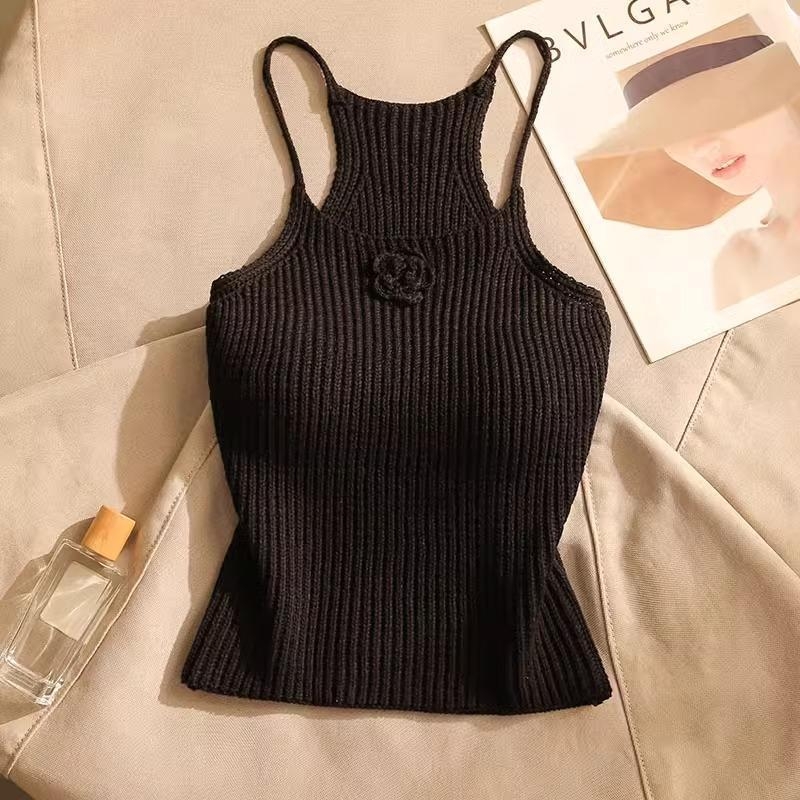 Francia fekete karcsúsított kötött felső női tavaszi és őszi háromdimenziós virágmintás ing ujjatlan trikó