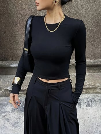 Tricou femei cu mânecă lungă și gât rotund, fără spate, subțire, cu dantelă și guler, croială neregulată