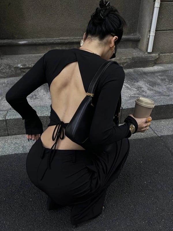 Tricou femei cu mânecă lungă și gât rotund, fără spate, subțire, cu dantelă și guler, croială neregulată