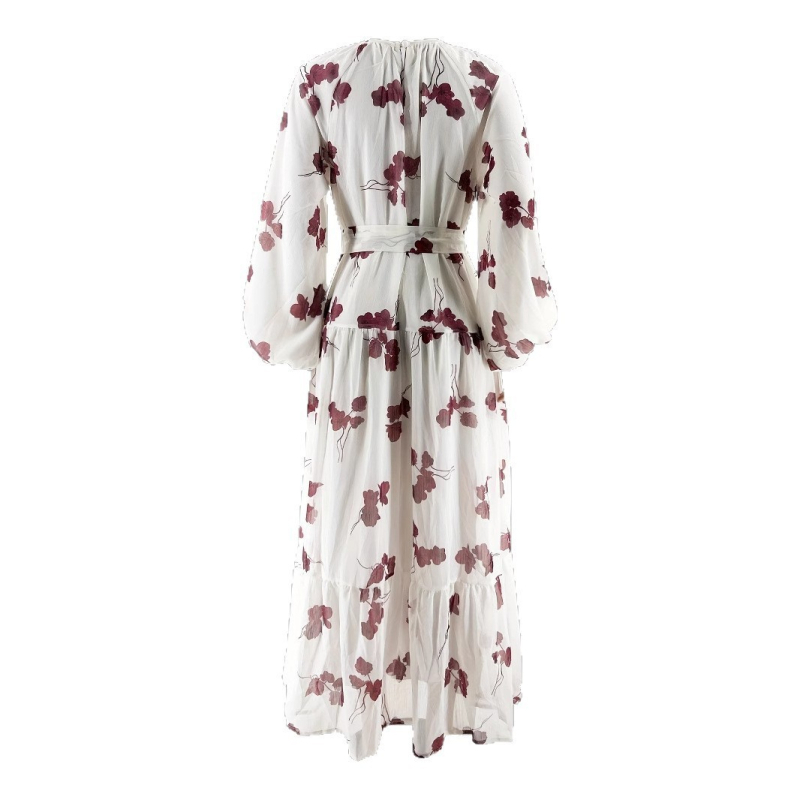 M4077 Amazon Divatos és Elegáns, Vakációs, Közel-Keleti, Kerek Nyakú, Sifon, Virágos, Öves Hosszú Ruha