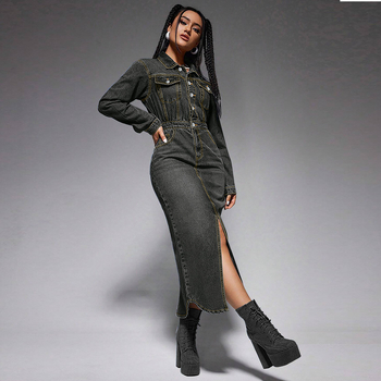 Határokon átnyúló női ruházat, gombos hajtókával, hosszú ujjú, hasított, új, farmer hosszú ruha, közvetlen gyári értékesítés