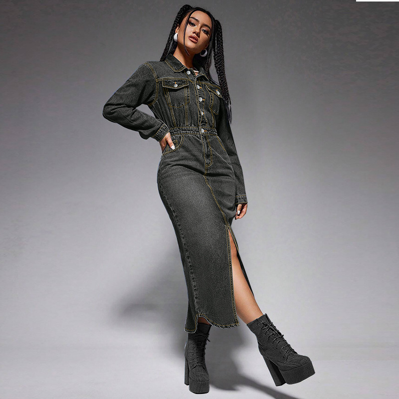 Határokon átnyúló női ruházat, gombos hajtókával, hosszú ujjú, hasított, új, farmer hosszú ruha, közvetlen gyári értékesítés