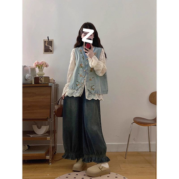 2025. aasta kevadine uus Korea stiilis retrošikk laia säärega teksapüks, mitmekülgne pitsist särk, elegantne vestiga ülikond naistele