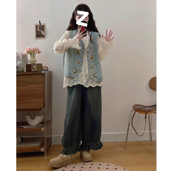 2025. aasta kevadine uus Korea stiilis retrošikk laia säärega teksapüks, mitmekülgne pitsist särk, elegantne vestiga ülikond naistele