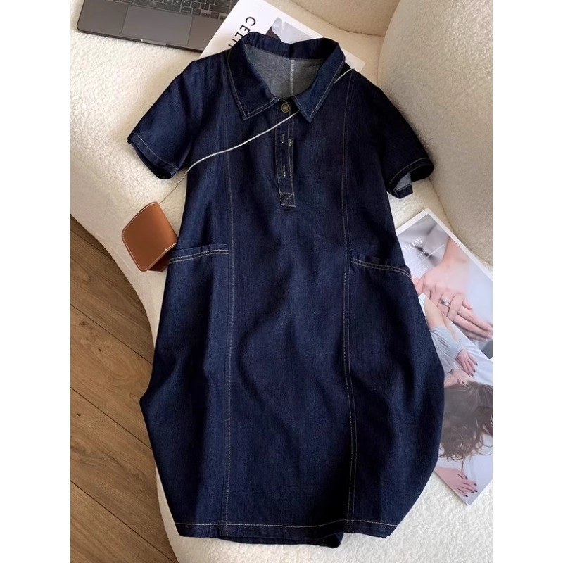 Pólóhajtókás, hétköznapi, középhosszú, farmer, rövid ujjú, egyenes, A-vonalú szoknya, kicsi, vékony, 2025-ös nyár