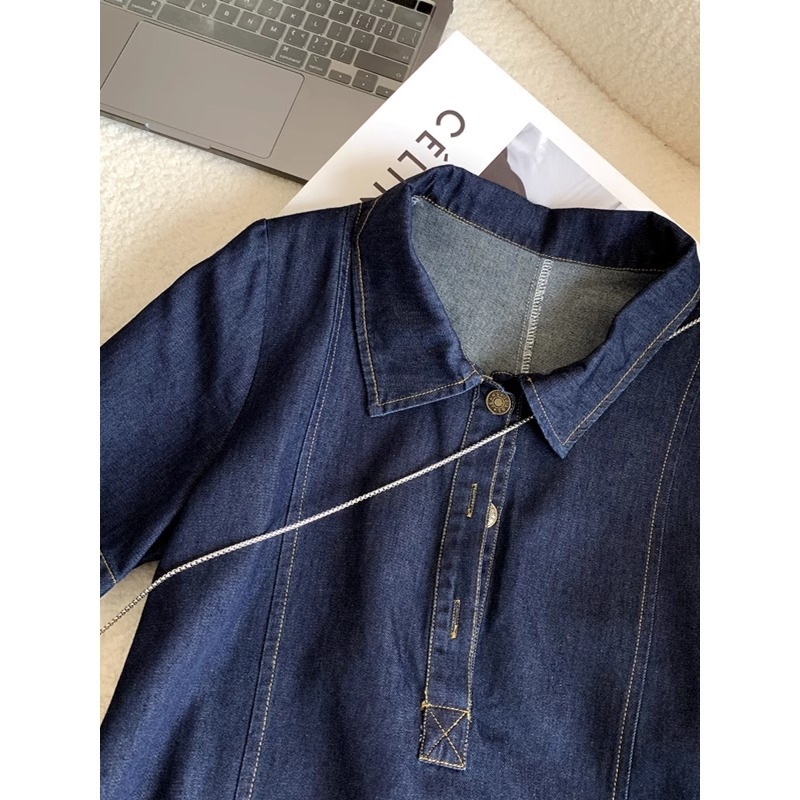 Pólóhajtókás, hétköznapi, középhosszú, farmer, rövid ujjú, egyenes, A-vonalú szoknya, kicsi, vékony, 2025-ös nyár