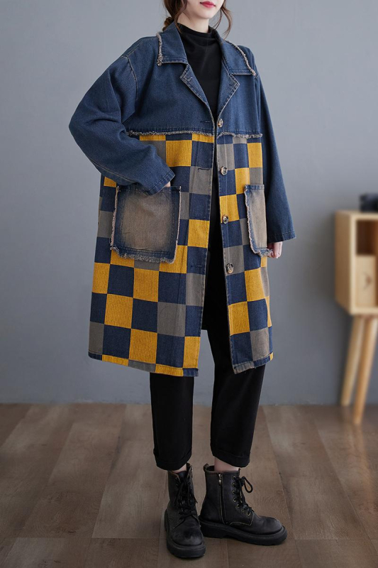 Plus size farmer széldzseki nőknek Tavaszi és őszi vintage varrású etnikai stílusú, középhosszú farmerkabát