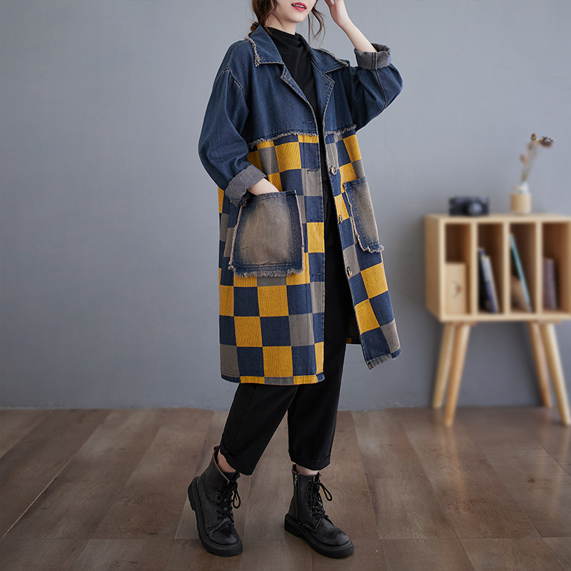 Plus size farmer széldzseki nőknek Tavaszi és őszi vintage varrású etnikai stílusú, középhosszú farmerkabát