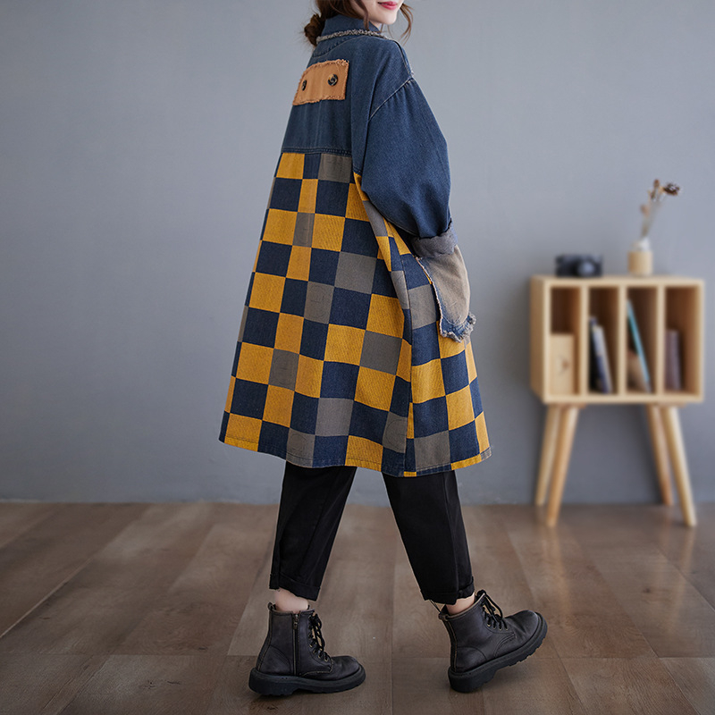 Plus size farmer széldzseki nőknek Tavaszi és őszi vintage varrású etnikai stílusú, középhosszú farmerkabát