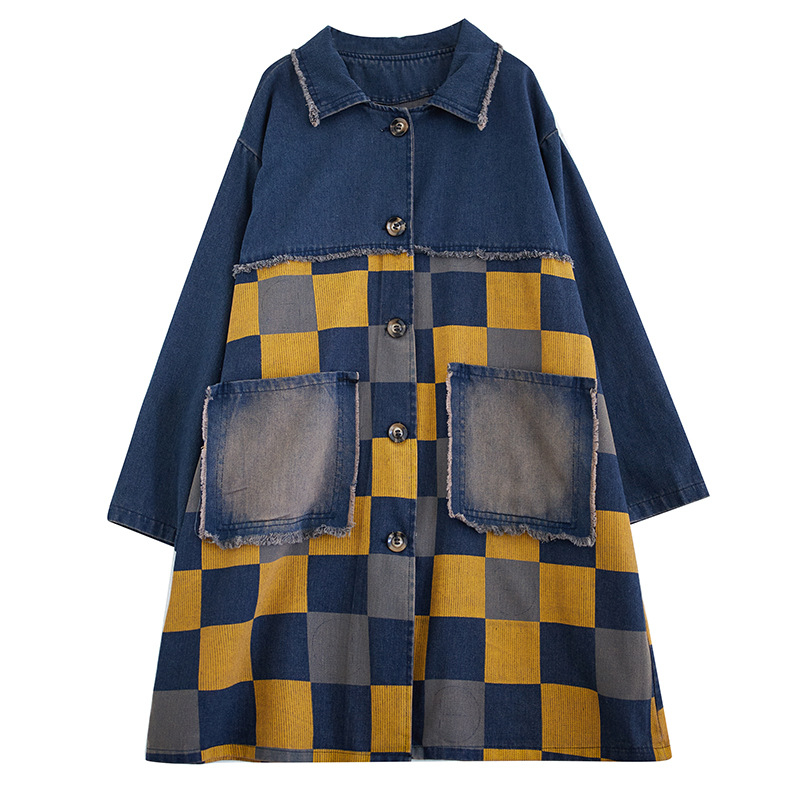 Plus size farmer széldzseki nőknek Tavaszi és őszi vintage varrású etnikai stílusú, középhosszú farmerkabát