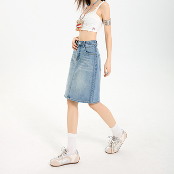 Къса лятна дънкова пола с висока талия за жени, Дънкова полупола, Дамска пола А-силует, Прилепнала полупола А-силует, Дамска лятна дънкова пола