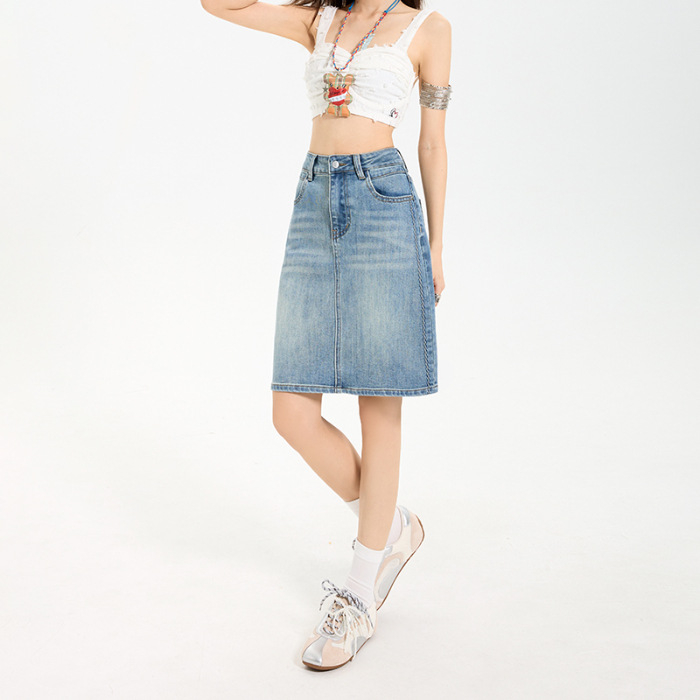 Magas derekú nyári farmer rövid szoknya nőknek, farmer félszoknya, női A-vonalú szoknya, csípőre szabott A-vonalú félszoknya, női nyári farmerszoknya