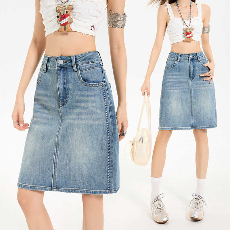 Magas derekú nyári farmer rövid szoknya nőknek, farmer félszoknya, női A-vonalú szoknya, csípőre szabott A-vonalú félszoknya, női nyári farmerszoknya