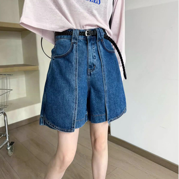 Sötétkék A-vonalú, bő szárú farmernadrág nőknek, európai állomás, 2025 nyári új, divatos európai női középhosszú rövidnadrág