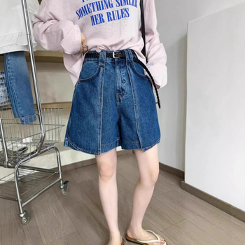 Sötétkék A-vonalú, bő szárú farmernadrág nőknek, európai állomás, 2025 nyári új, divatos európai női középhosszú rövidnadrág