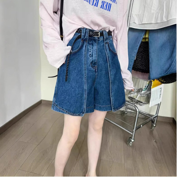 Sötétkék A-vonalú, bő szárú farmernadrág nőknek, európai állomás, 2025 nyári új, divatos európai női középhosszú rövidnadrág