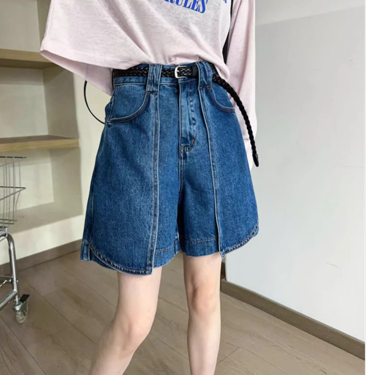 Sötétkék A-vonalú, bő szárú farmernadrág nőknek, európai állomás, 2025 nyári új, divatos európai női középhosszú rövidnadrág