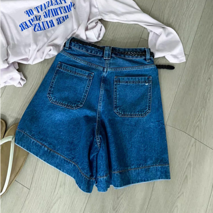 Sötétkék A-vonalú, bő szárú farmernadrág nőknek, európai állomás, 2025 nyári új, divatos európai női középhosszú rövidnadrág