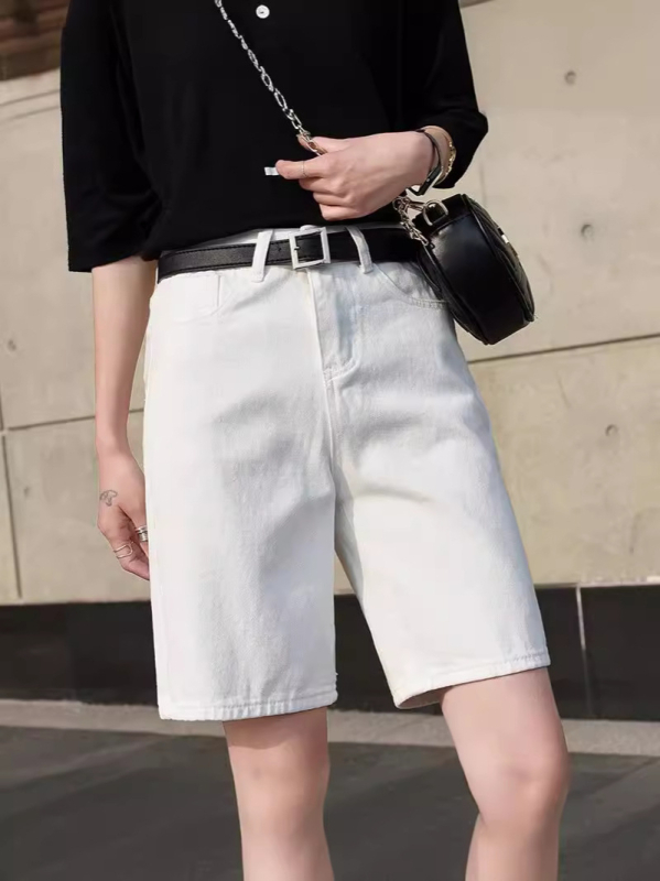 Korėjietiško stiliaus baltos džinsinės penkių ketvirčių kelnės moterims 2025 m. vasaros plonos laisvalaikio aukšto juosmens plonos šortai laisvos tiesios kelnės
