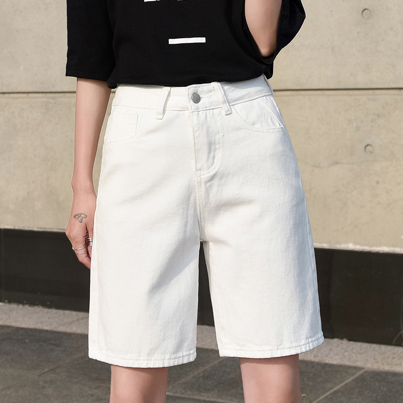 Korėjietiško stiliaus baltos džinsinės penkių ketvirčių kelnės moterims 2025 m. vasaros plonos laisvalaikio aukšto juosmens plonos šortai laisvos tiesios kelnės