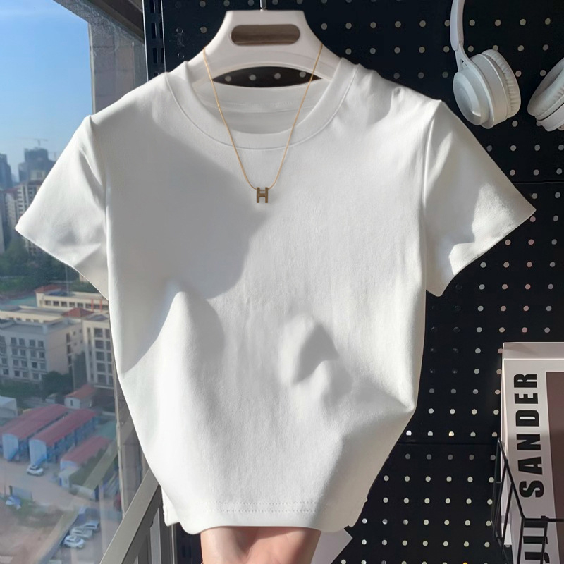 Amerikai stílusú vállpántos rövid ujjú póló női nyári, karcsúsító, egyszínű, mindenhez illő, belső rövid, kerek nyakú felső