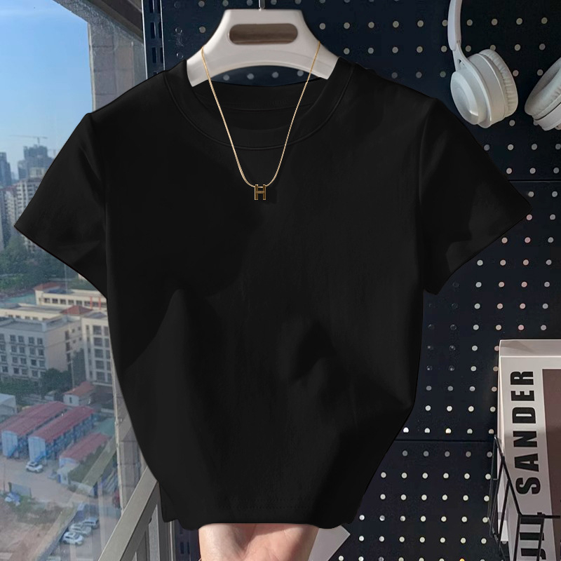 Amerikai stílusú vállpántos rövid ujjú póló női nyári, karcsúsító, egyszínű, mindenhez illő, belső rövid, kerek nyakú felső