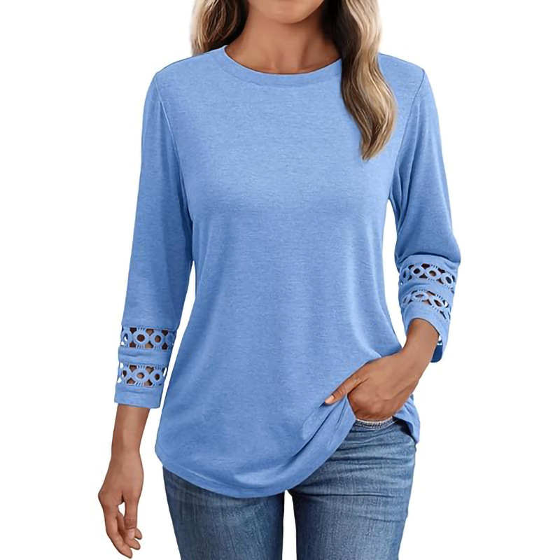 2025-ös export határokon átnyúló európai és amerikai női tavaszi és őszi tiszta színű, laza, kerek nyakú, csipkés, 5+2 negyed ujjú, lezser póló