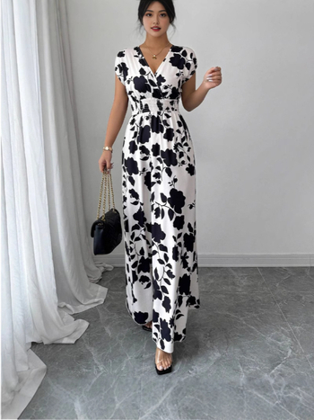 Rövid ujjú, fűzős ruha, Amazon új, nyomtatott, V-nyakú, hosszú ruha, határokon átnyúló nyári derekú női ruházat