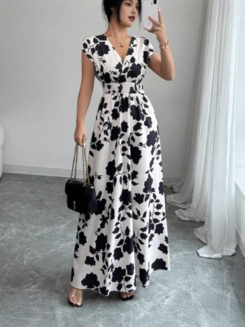 Rövid ujjú, fűzős ruha, Amazon új, nyomtatott, V-nyakú, hosszú ruha, határokon átnyúló nyári derekú női ruházat