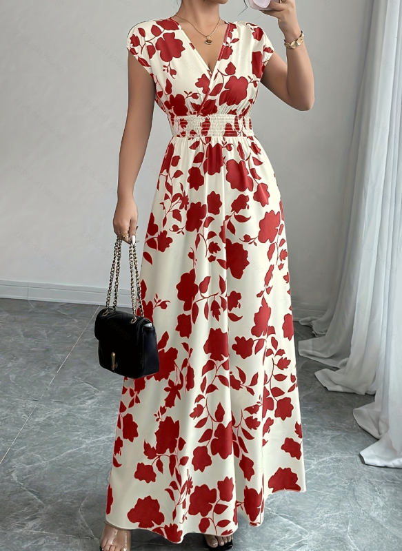 Rövid ujjú, fűzős ruha, Amazon új, nyomtatott, V-nyakú, hosszú ruha, határokon átnyúló nyári derekú női ruházat