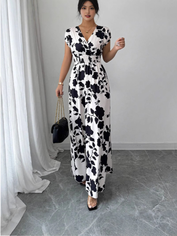 Rövid ujjú, fűzős ruha, Amazon új, nyomtatott, V-nyakú, hosszú ruha, határokon átnyúló nyári derekú női ruházat