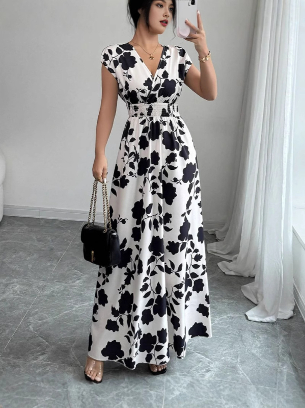 Rövid ujjú, fűzős ruha, Amazon új, nyomtatott, V-nyakú, hosszú ruha, határokon átnyúló nyári derekú női ruházat