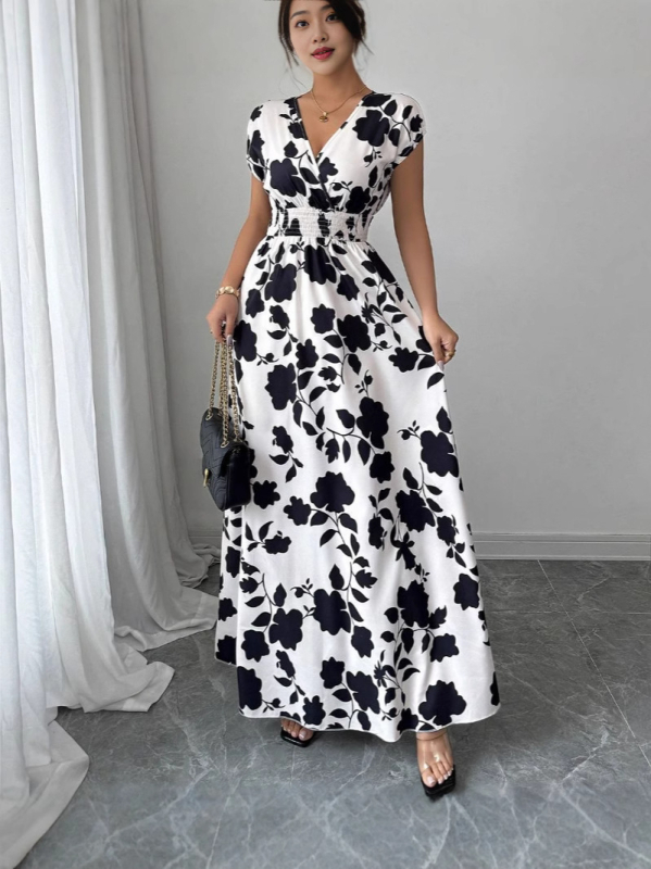 Rövid ujjú, fűzős ruha, Amazon új, nyomtatott, V-nyakú, hosszú ruha, határokon átnyúló nyári derekú női ruházat