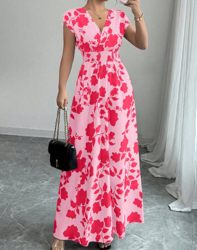 Rövid ujjú, fűzős ruha, Amazon új, nyomtatott, V-nyakú, hosszú ruha, határokon átnyúló nyári derekú női ruházat