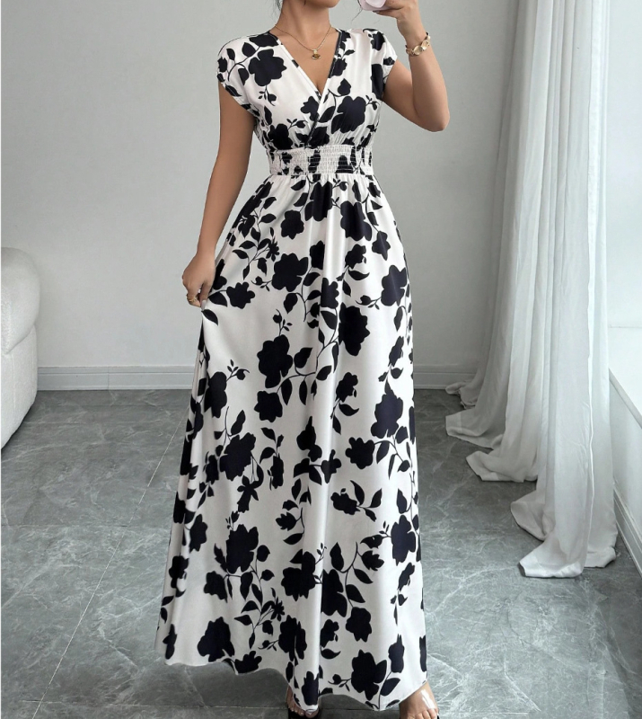Rövid ujjú, fűzős ruha, Amazon új, nyomtatott, V-nyakú, hosszú ruha, határokon átnyúló nyári derekú női ruházat