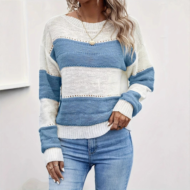 2025 Amazon határokon átnyúló e-kereskedelem Európa és az Egyesült Államok független állomása új beszállítói kötött fehér kék varrású kerek nyakú pulóver