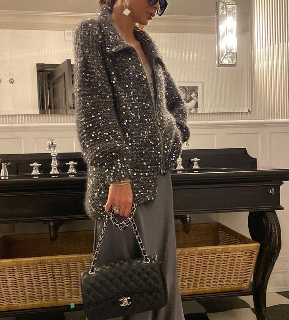 2023 őszi és téli európai és amerikai Amazon határokon átnyúló külkereskedelmi új, csúcskategóriás, temperamentumos, kis illatú, kockás, flitteres, V-nyakú pulóver