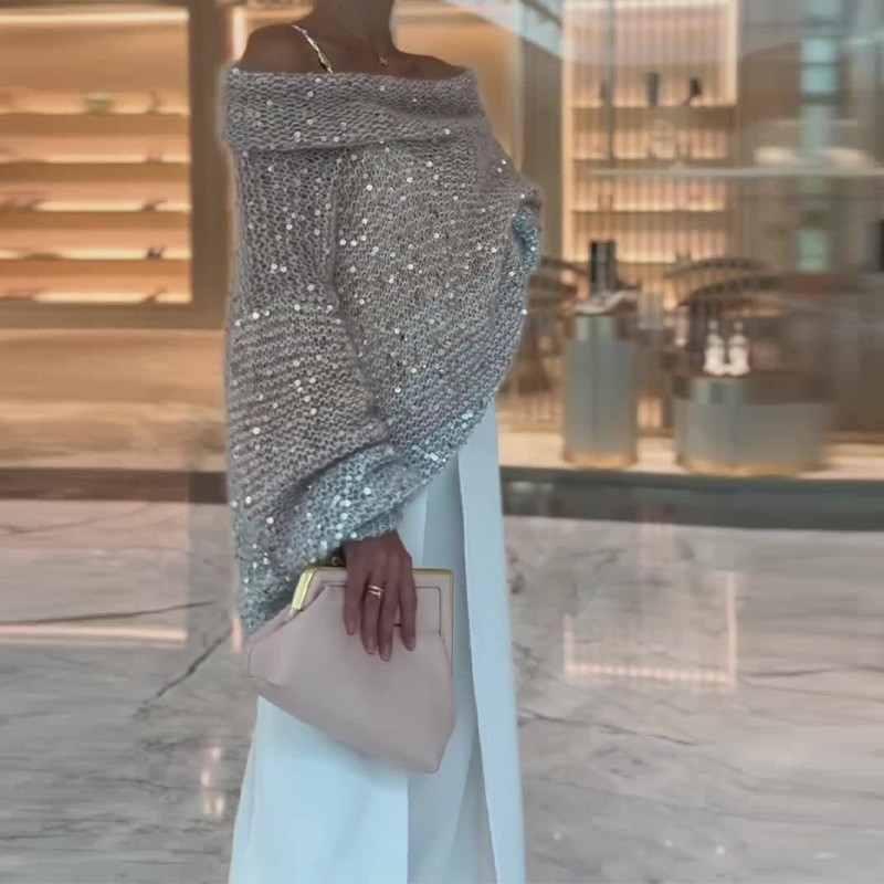 2023 őszi és téli európai és amerikai Amazon határokon átnyúló külkereskedelmi új, csúcskategóriás, temperamentumos, kis illatú, kockás, flitteres, V-nyakú pulóver