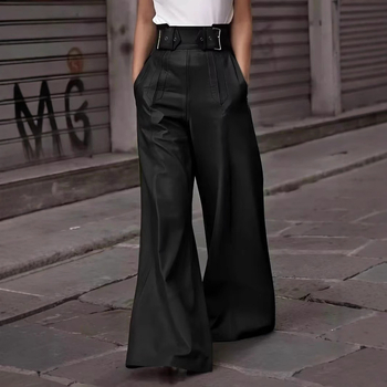 2025 Трансгранични Amazon Нови модни кожени панталони с висока талия, свободни джобове и талия от изкуствена кожа, разкроени панталони, ежедневни панталони за жени