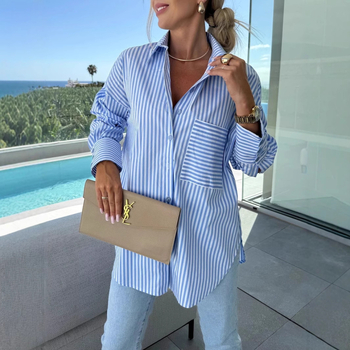 2025 Amazon AliExpress európai és amerikai tavaszi új női lezser, bő csíkos, zsebes hosszú ujjú ing